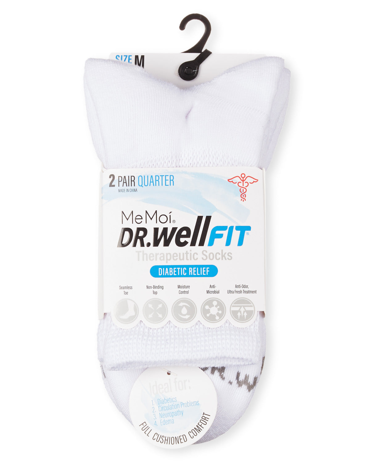 2 Pair Pack Diabetic Full Cushioned Quarter Socks : Color: Black-Black