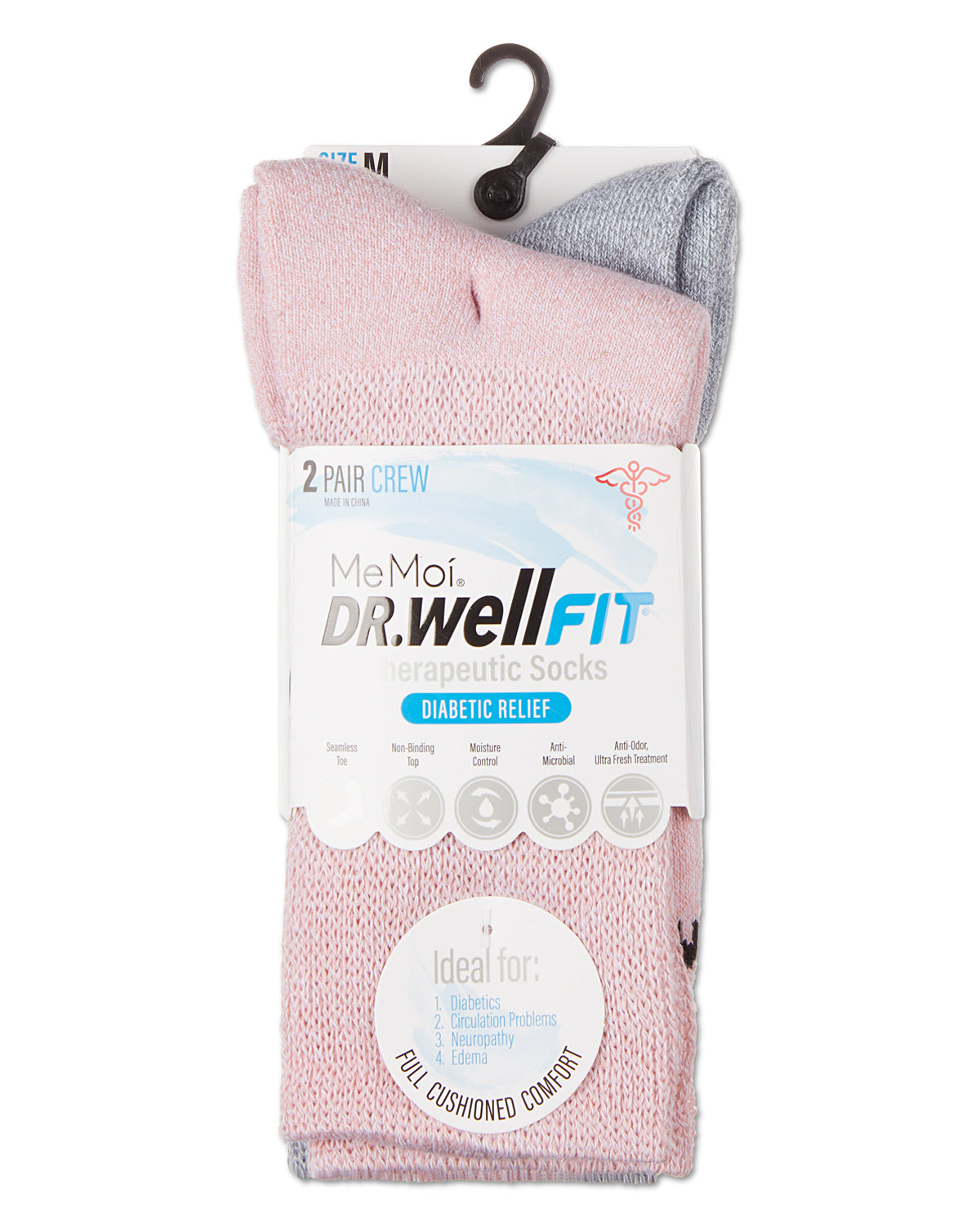 2 Pair Pack Diabetic Full Cushioned Crew Socks : Color: Pink-Gray