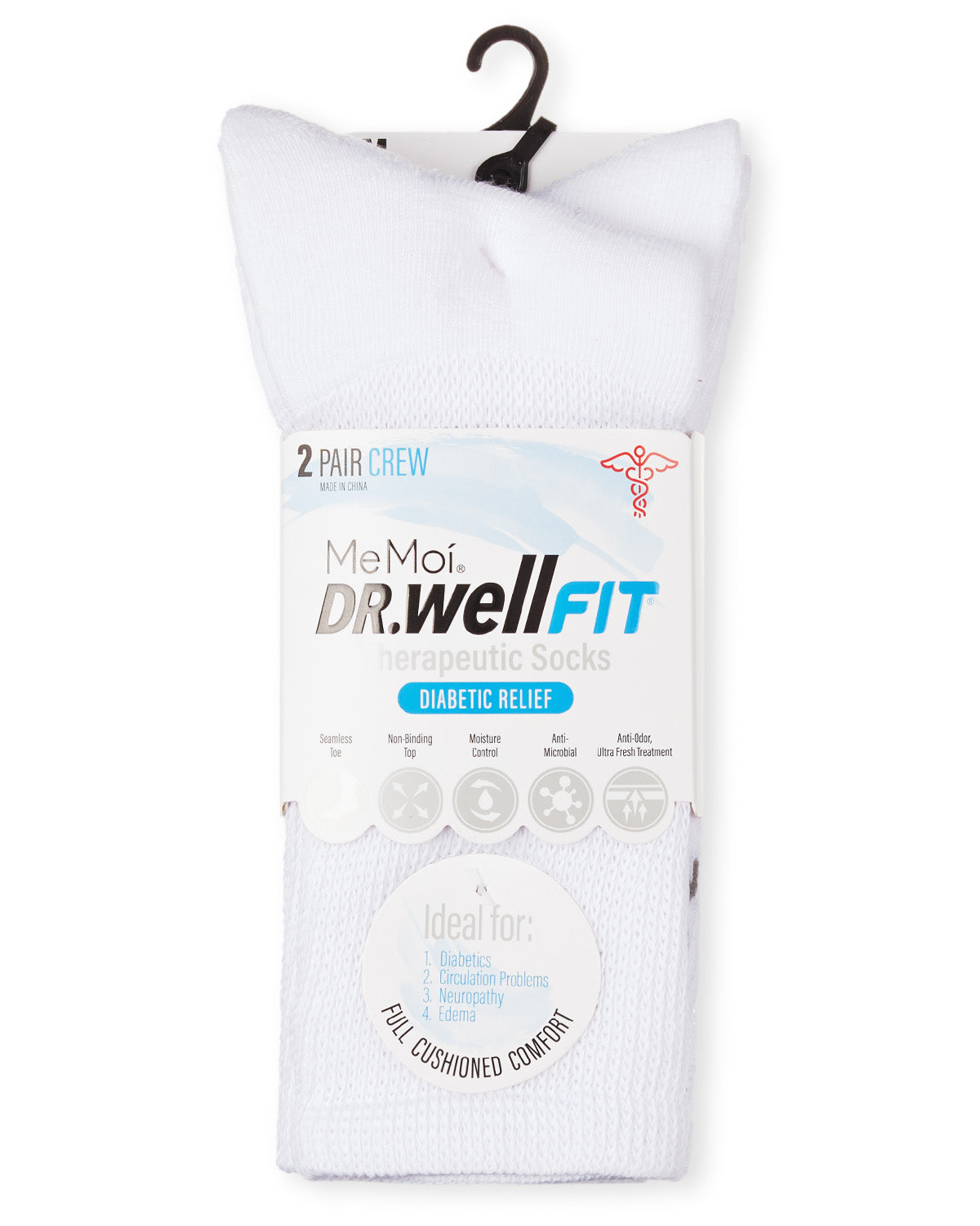 2 Pair Pack Diabetic Full Cushioned Crew Socks : Color: White-White