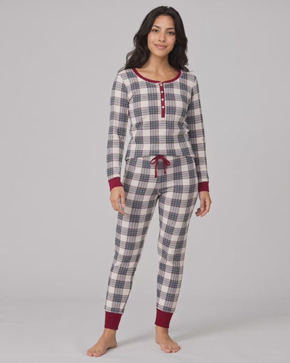Women's Henley Plaid Cotton Blend Pajama Set