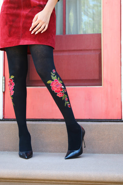 Dimensional Floral Embroidered Tights : Color: Black