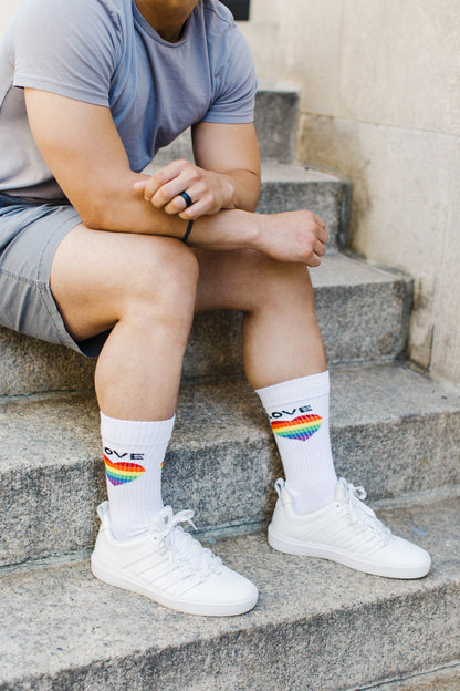 Men's Colorful Rainbow Love Heart Embroidered Crew Sock : Color: White