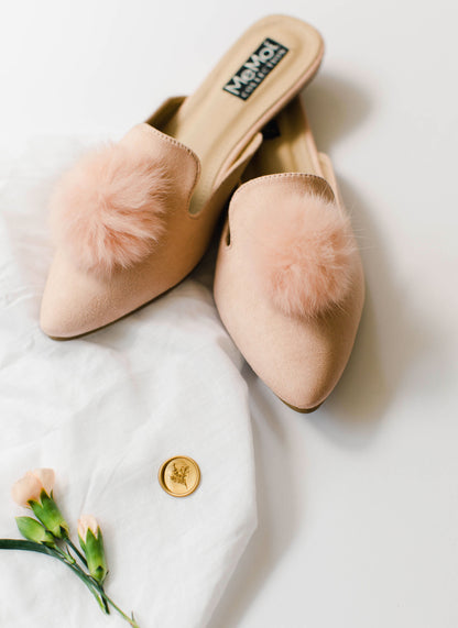 Women's The Vida Mule Hard Sole Furry Pom-Pom Slippers : Color: Ivory
