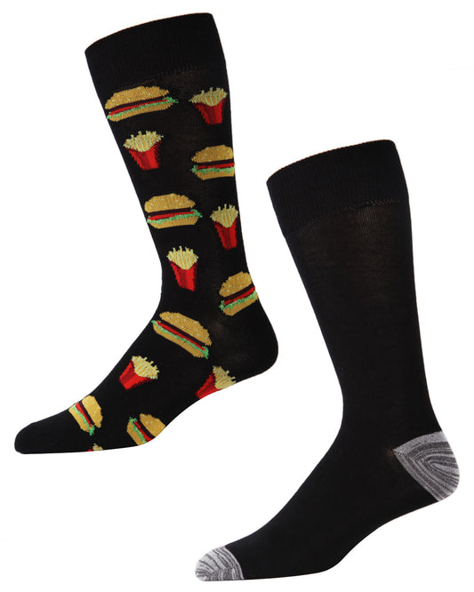 Men's 2 Pair Pack Burger and Fries Bamboo Blend Crew Socks : Color: Black