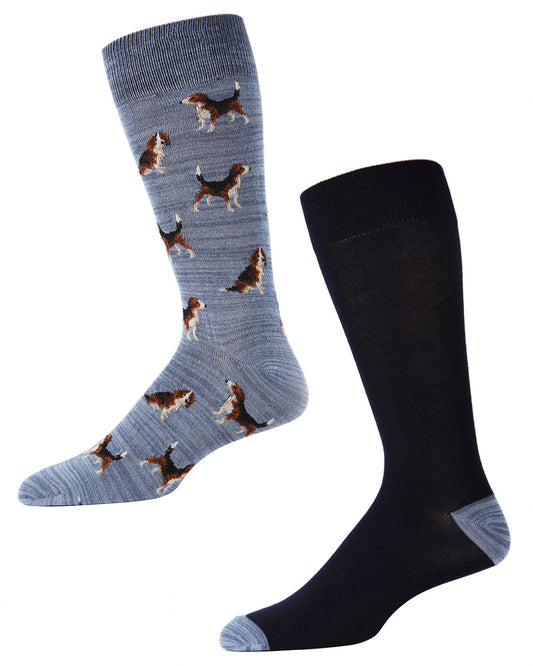 Men's 2 Pair Pack Beagle Dog Bamboo Blend Crew Socks : Color: Blue Marled