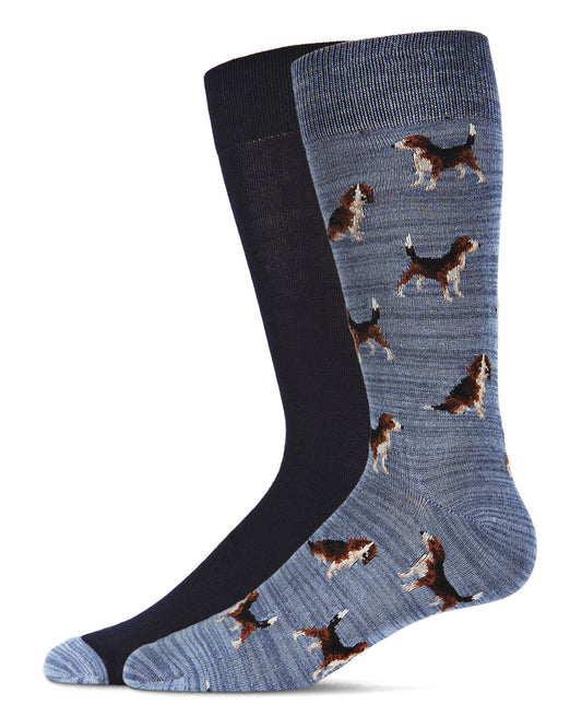 Men's 2 Pair Pack Beagle Dog Bamboo Blend Crew Socks : Color: Blue Marled