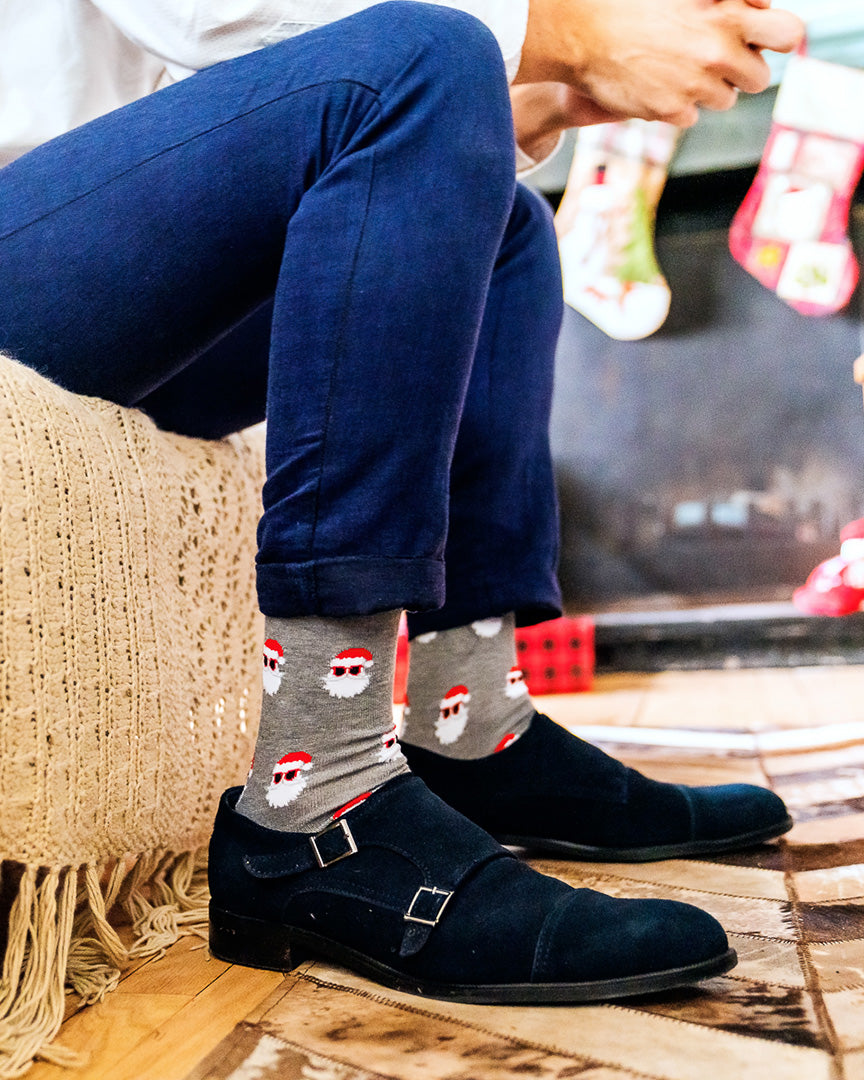Men's Festive Funny Santa Shades Novelty Crew Socks : Color: Black
