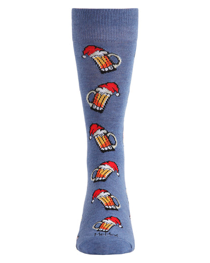 Men's Festive Santa Hat Beer Mug Novelty Crew Socks : Color: Denim Heather