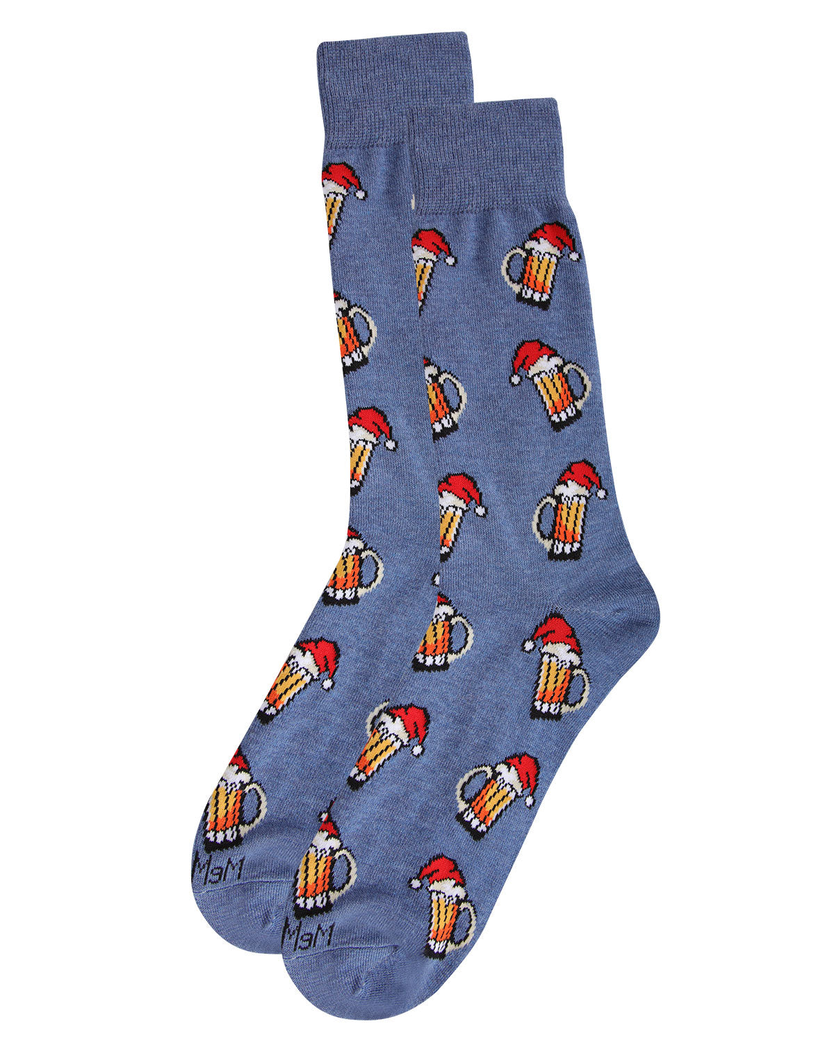 Men's Festive Santa Hat Beer Mug Novelty Crew Socks : Color: Denim Heather