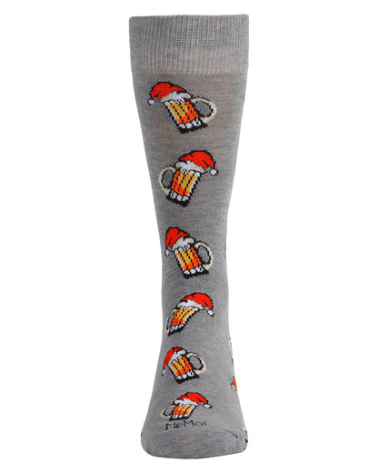 Men's Festive Santa Hat Beer Mug Novelty Crew Socks : Color: Medium Gray Heather