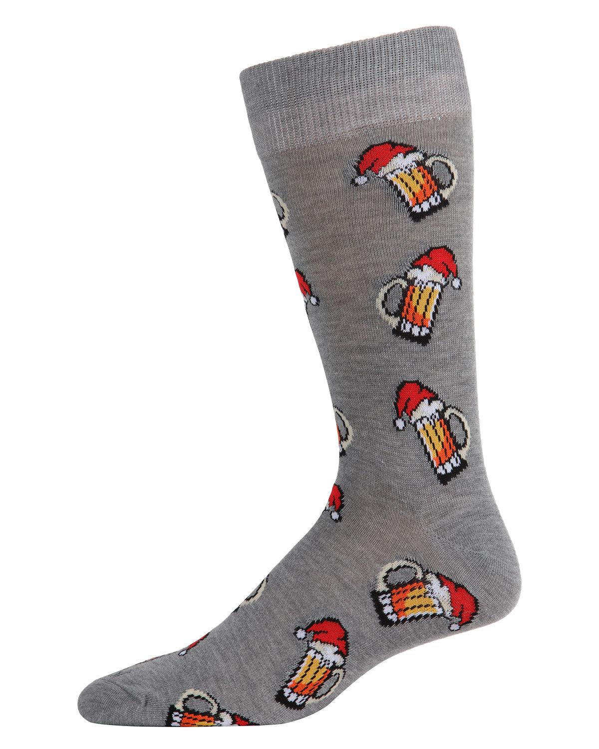 Men's Festive Santa Hat Beer Mug Novelty Crew Socks : Color: Medium Gray Heather