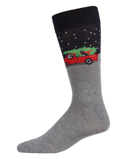 Men's Festive Puppy Pickup Truck Novelty Crew Socks : Color: Medium Gray Heather