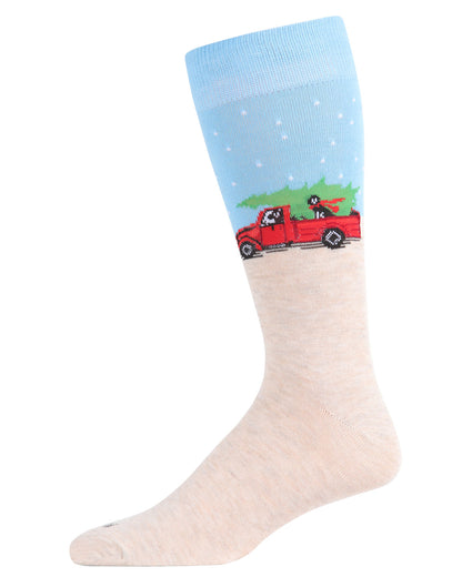 Men's Festive Puppy Pickup Truck Novelty Crew Socks : Color: Tan