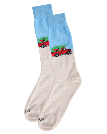 Men's Festive Puppy Pickup Truck Novelty Crew Socks : Color: Tan