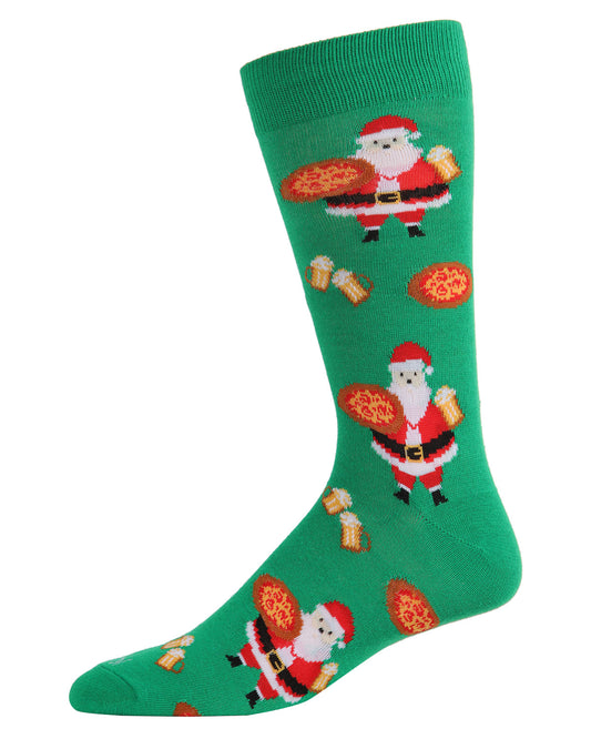 Men's Jolly Santa with Pizza and Beer Novelty Crew Socks : Color: Green