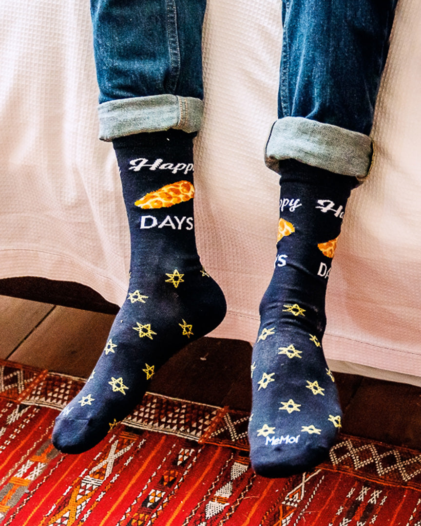 Men's Funny Pun Happy Challah-Days Novelty Crew Socks : Color: Navy
