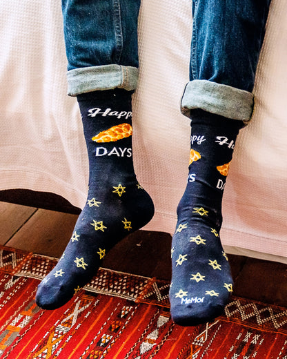 Men's Funny Pun Happy Challah-Days Novelty Crew Socks : Color: Navy