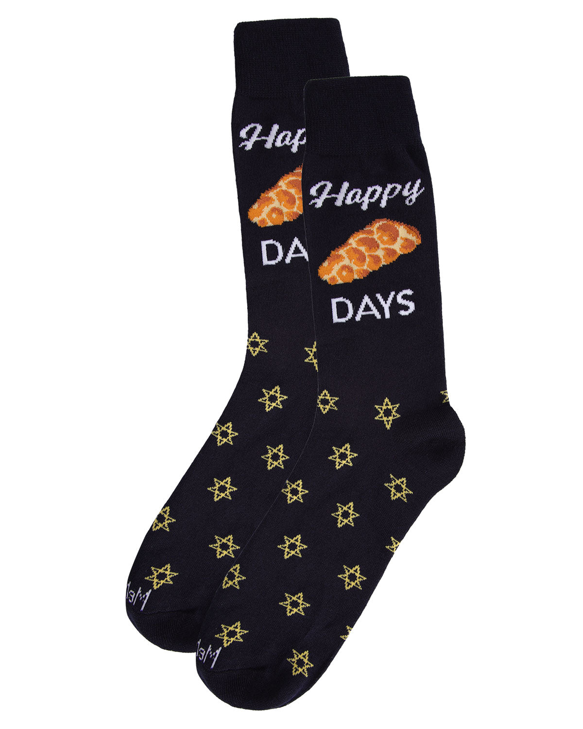 Men's Funny Pun Happy Challah-Days Novelty Crew Socks : Color: Navy