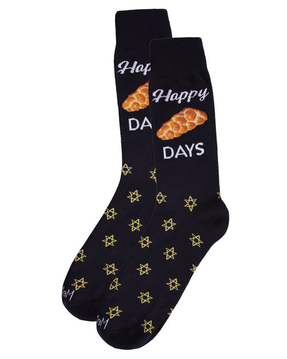 Men's Funny Pun Happy Challah-Days Novelty Crew Socks : Color: Navy