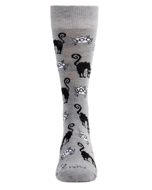 Men's Scary Halloween Black Cat Novelty Crew Sock : Color: Medium Gray Heather