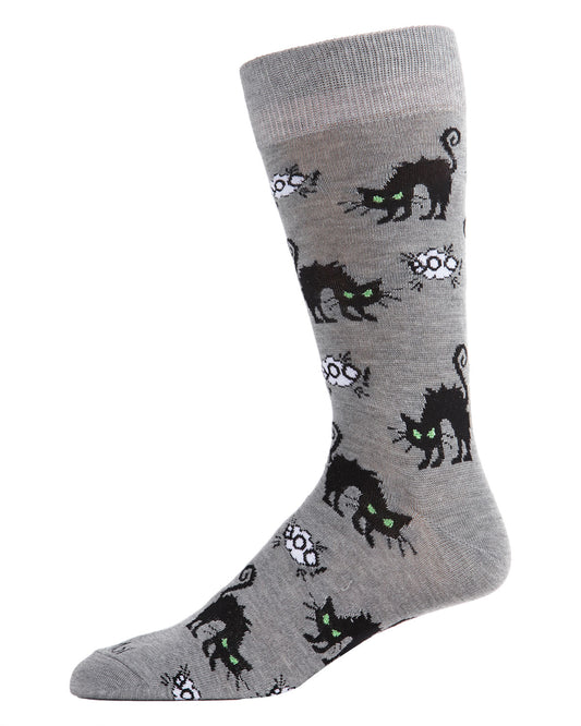 Men's Scary Halloween Black Cat Novelty Crew Sock : Color: Medium Gray Heather