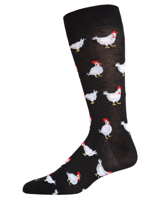 Men's Funny Chicken Pattern Rayon from Bamboo Blend Novelty Crew Sock : Color: Black