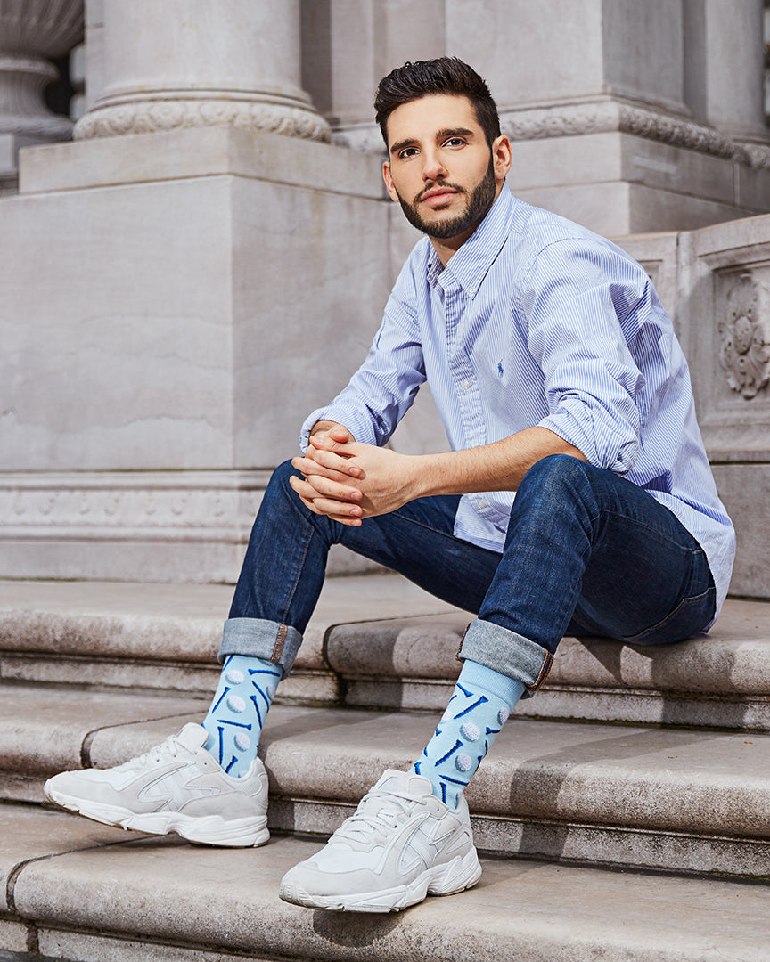 Men's "Golf Ball and Tee" Rayon from Bamboo Blend Novelty Crew Sock : Color: Light Blue