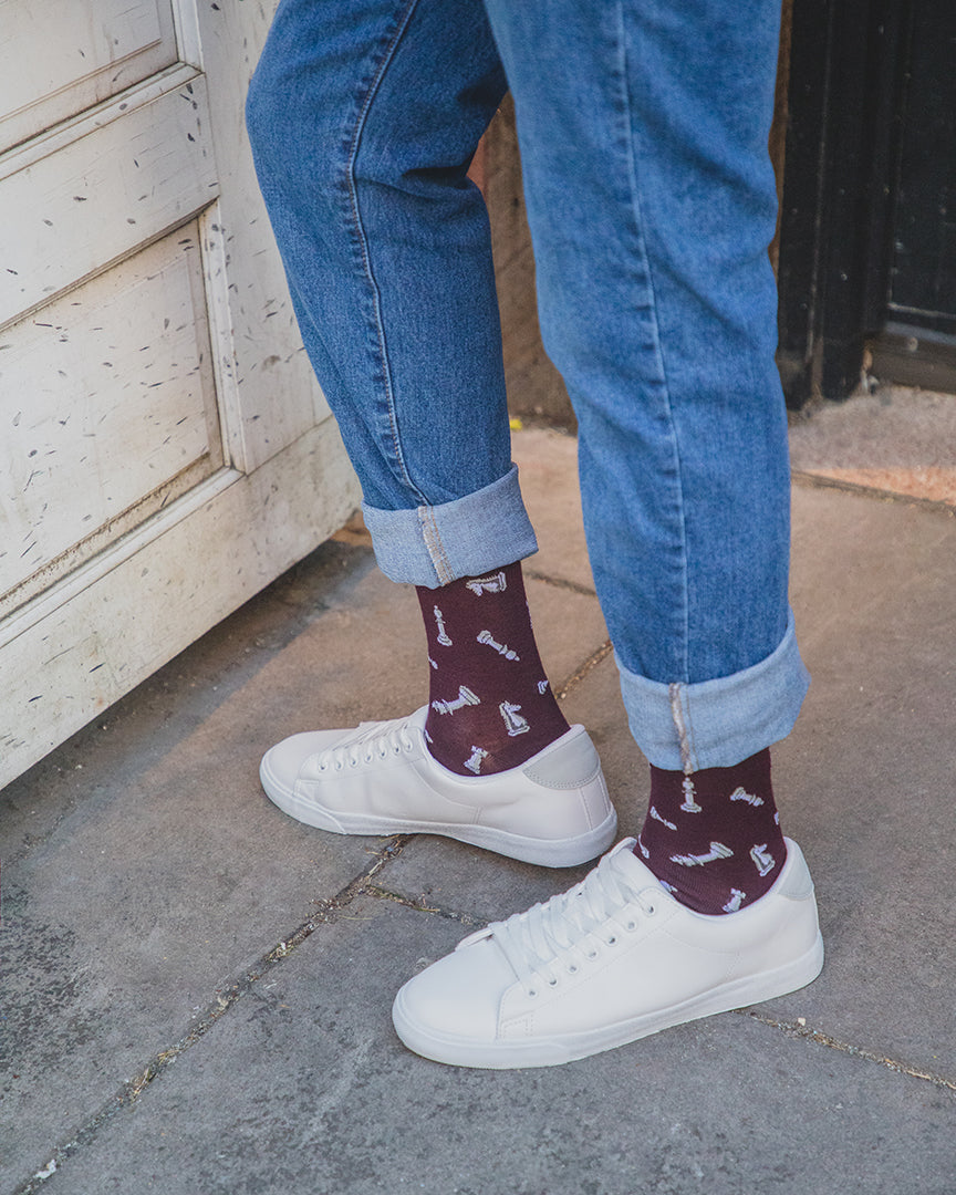 Men's Checkmate Chess Rayon From Bamboo Crew Socks : Color: Burgundy