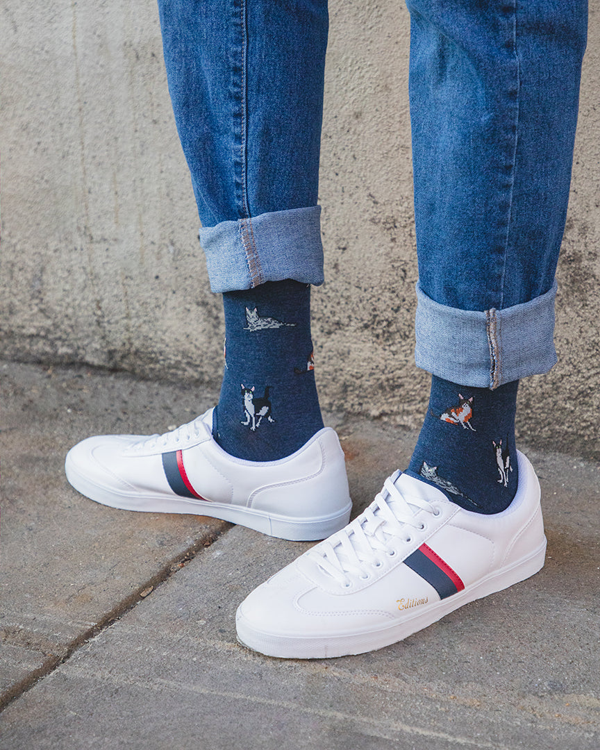 Men's Hip Cool Cats Bamboo Blend Novelty Crew Sock : Color: Dark Denim Heather