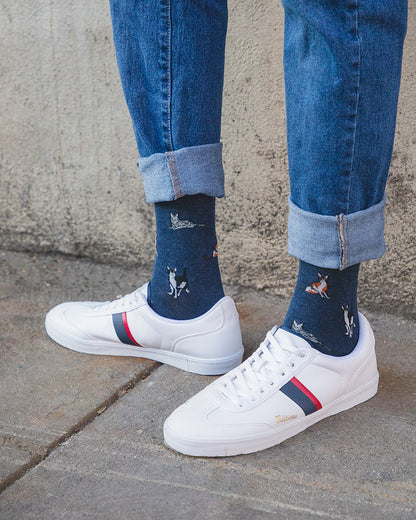 Men's Hip Cool Cats Bamboo Blend Novelty Crew Sock : Color: Dark Denim Heather