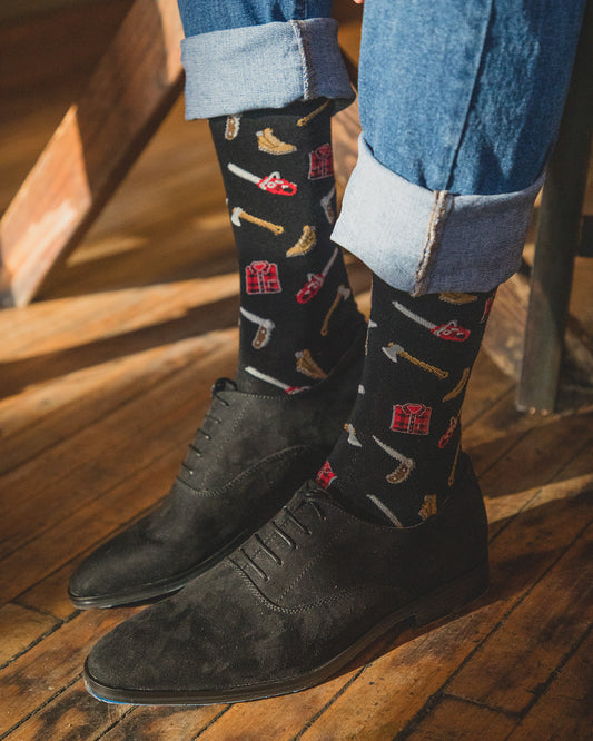 Men's Lumberjack Attack Bamboo Blend Novelty Crew Sock : Color: Black