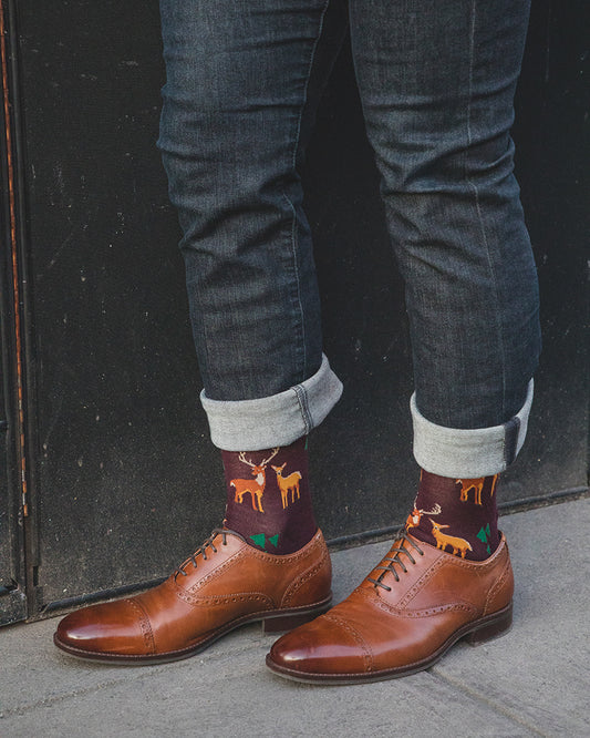 Men's Oh Deer Bamboo Blend Novelty Crew Sock : Color: Burgundy