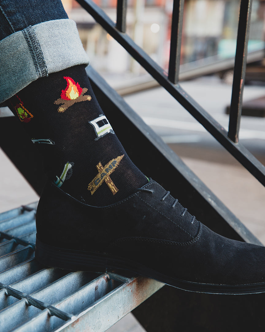 Men's Happy Camper Bamboo Blend Novelty Crew Sock : Color: Black