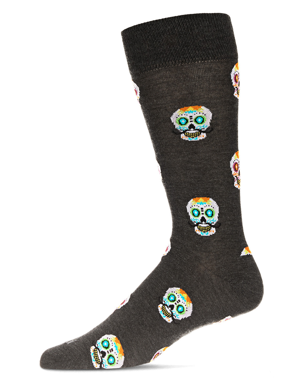 Men's Mustachioed Sugar Skull Bamboo Blend Crew Socks : Color: Charcoal Heather