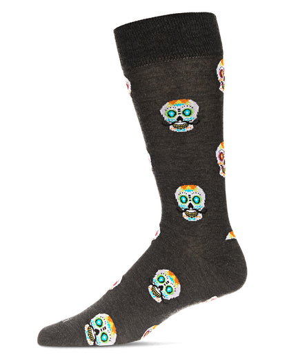 Men's Mustachioed Sugar Skull Bamboo Blend Crew Socks : Color: Charcoal Heather