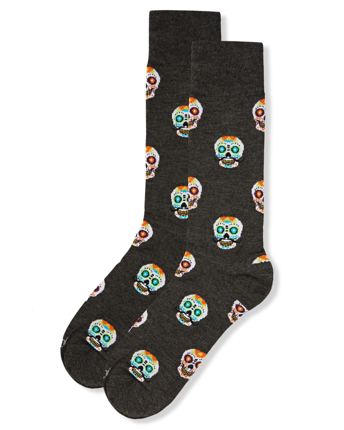 Men's Mustachioed Sugar Skull Bamboo Blend Crew Socks : Color: Charcoal Heather