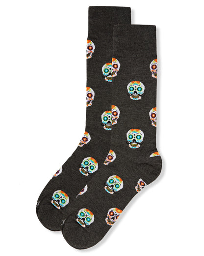 Men's Mustachioed Sugar Skull Bamboo Blend Crew Socks : Color: Charcoal Heather
