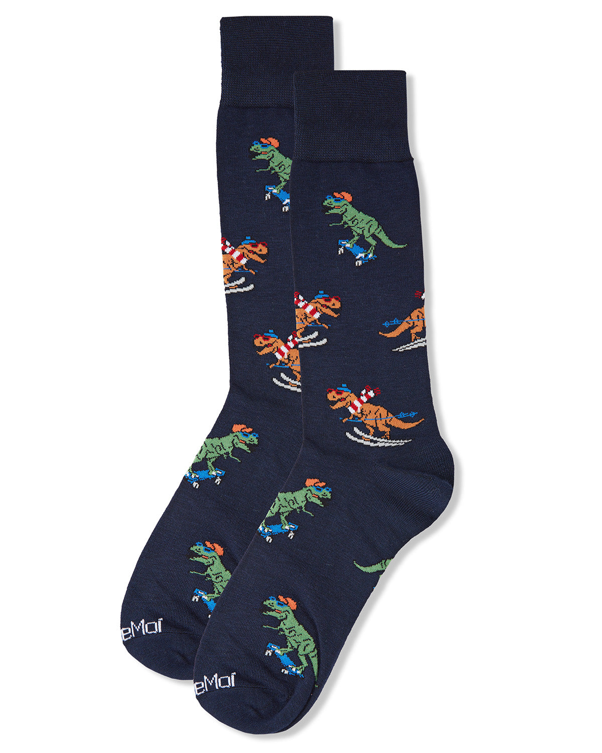 Men's Skiing and Skating Dinosaurs Bamboo Blend Novelty Crew Sock : Color: Navy Blazer