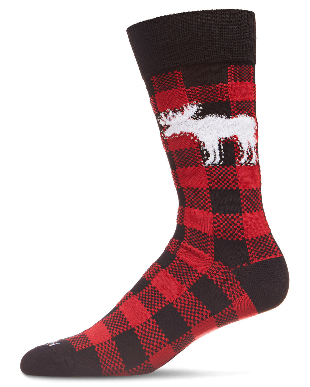 Men's Buffalo Plaid Checked Moose Holiday Crew Socks : Color: Black-Red