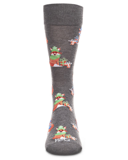Men's Festive Foxes with Boxes Holiday Novelty Crew Socks : Color: Dark Gray Heather