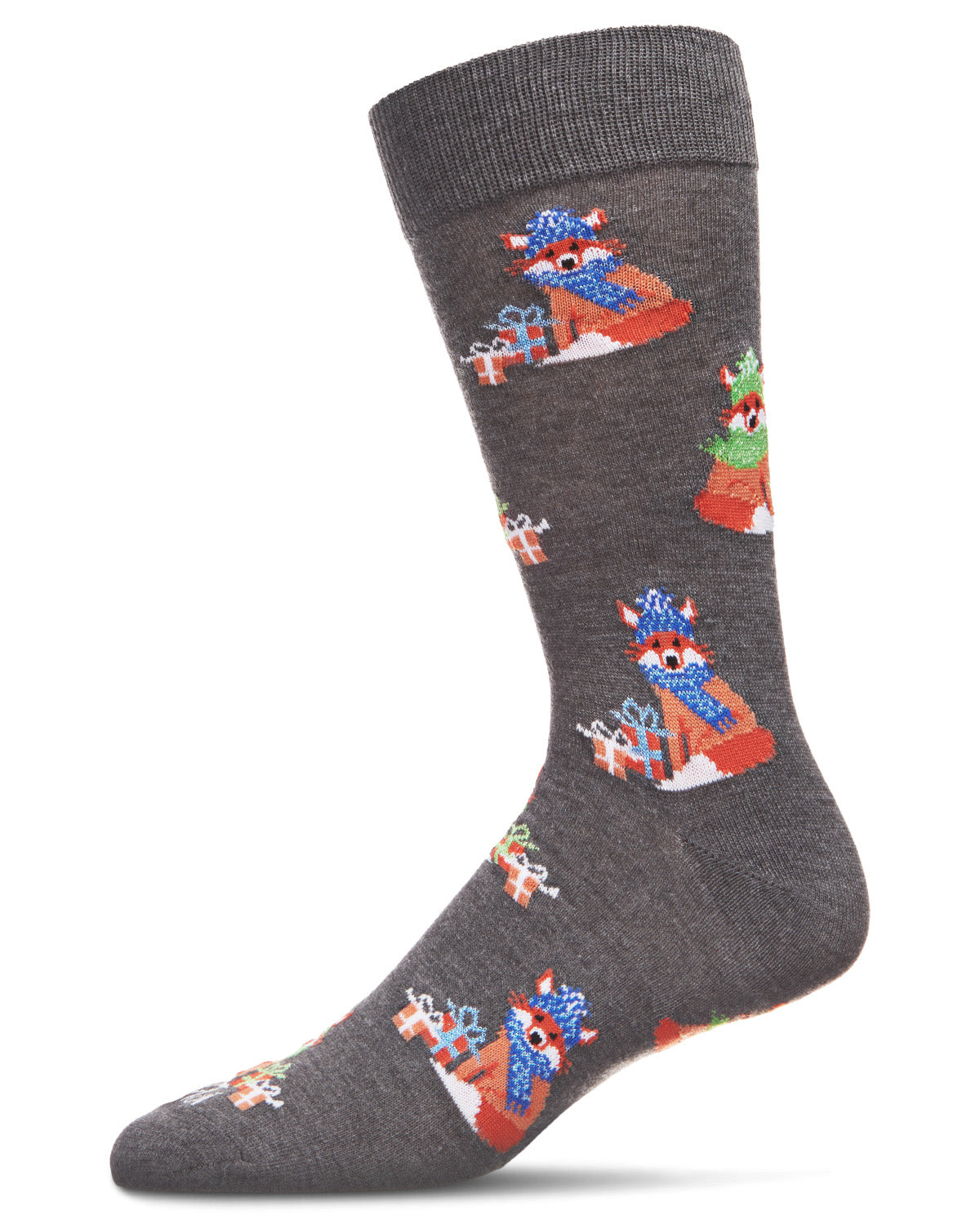 Men's Festive Foxes with Boxes Holiday Novelty Crew Socks : Color: Dark Gray Heather