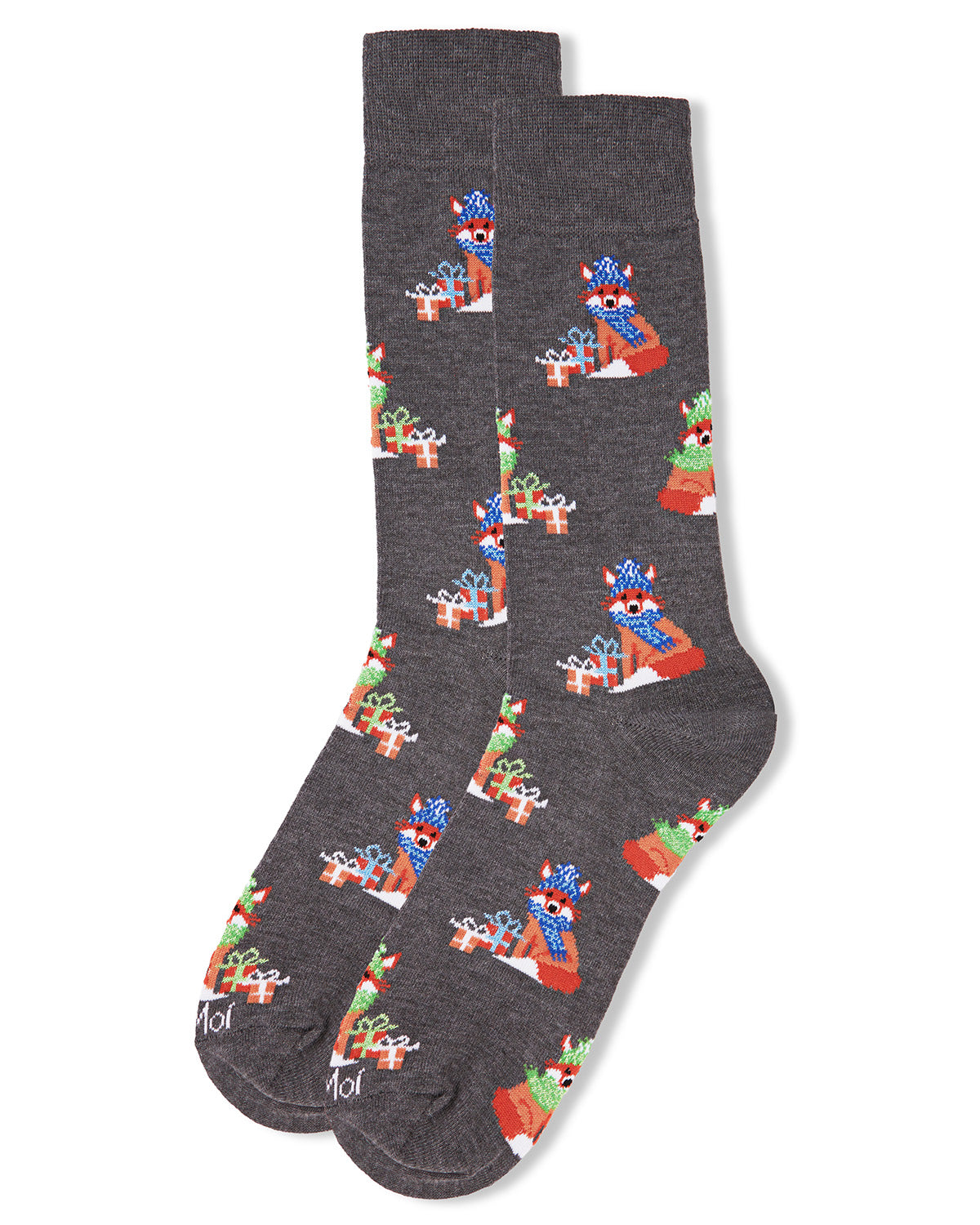 Men's Festive Foxes with Boxes Holiday Novelty Crew Socks : Color: Dark Gray Heather