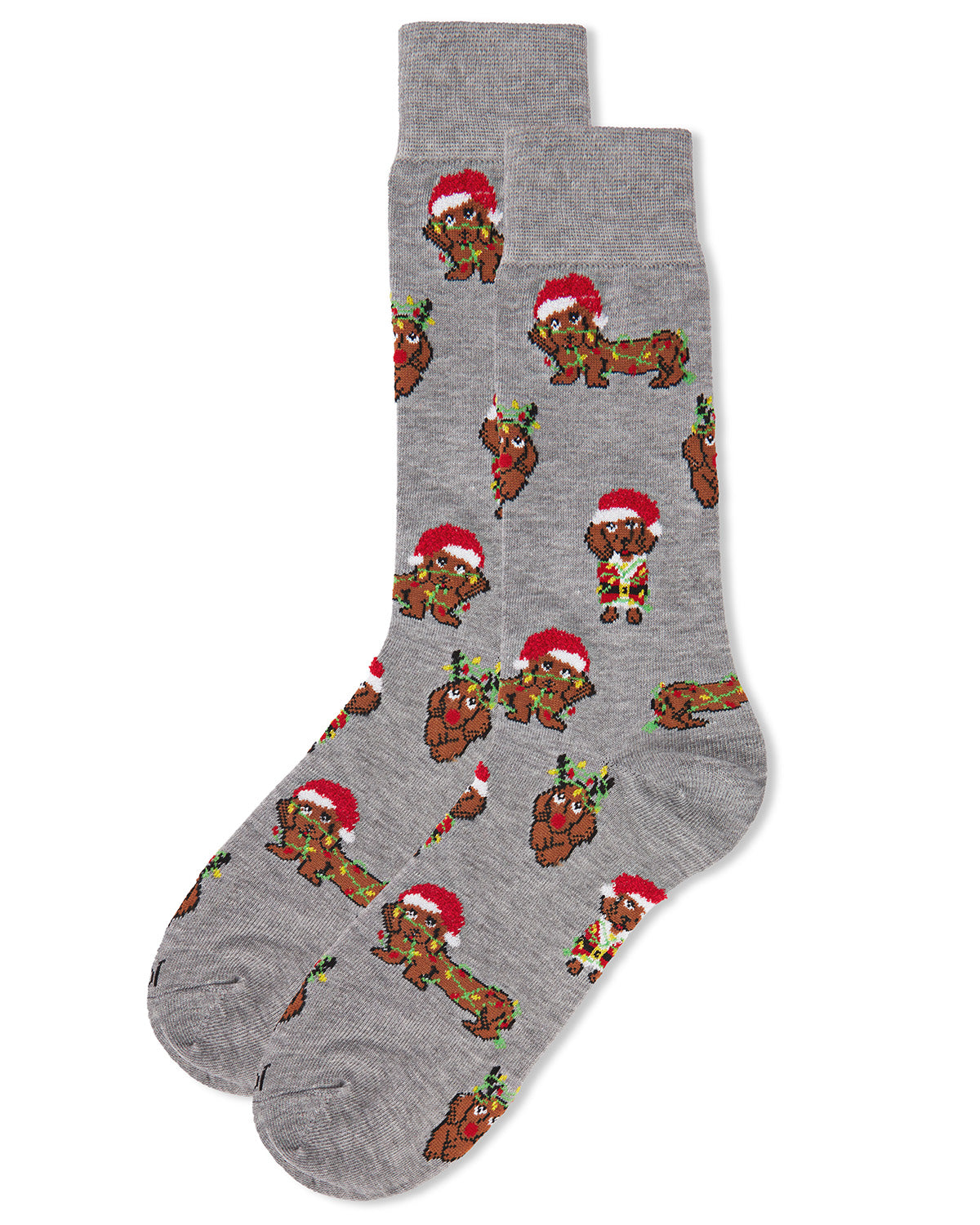 Men's Lit Dachshund Dog Holiday Novelty Crew Socks : Color: Med Gray Heather