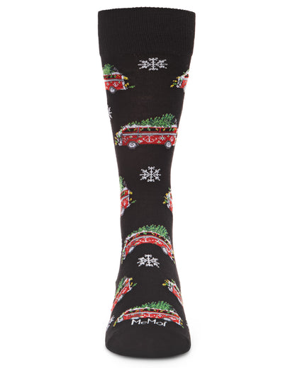 Men's Festive Retro Bus Holiday Novelty Crew Socks : Color: Black