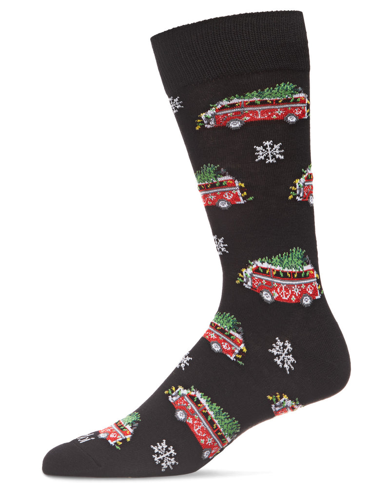 Men's Festive Retro Bus Holiday Novelty Crew Socks