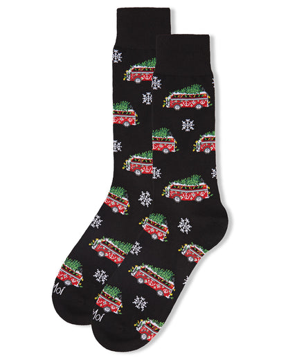 Men's Festive Retro Bus Holiday Novelty Crew Socks : Color: Black