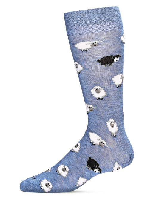 Men's Fluffy Sheep Bamboo Blend Novelty Crew Sock : Color: Denim Heather