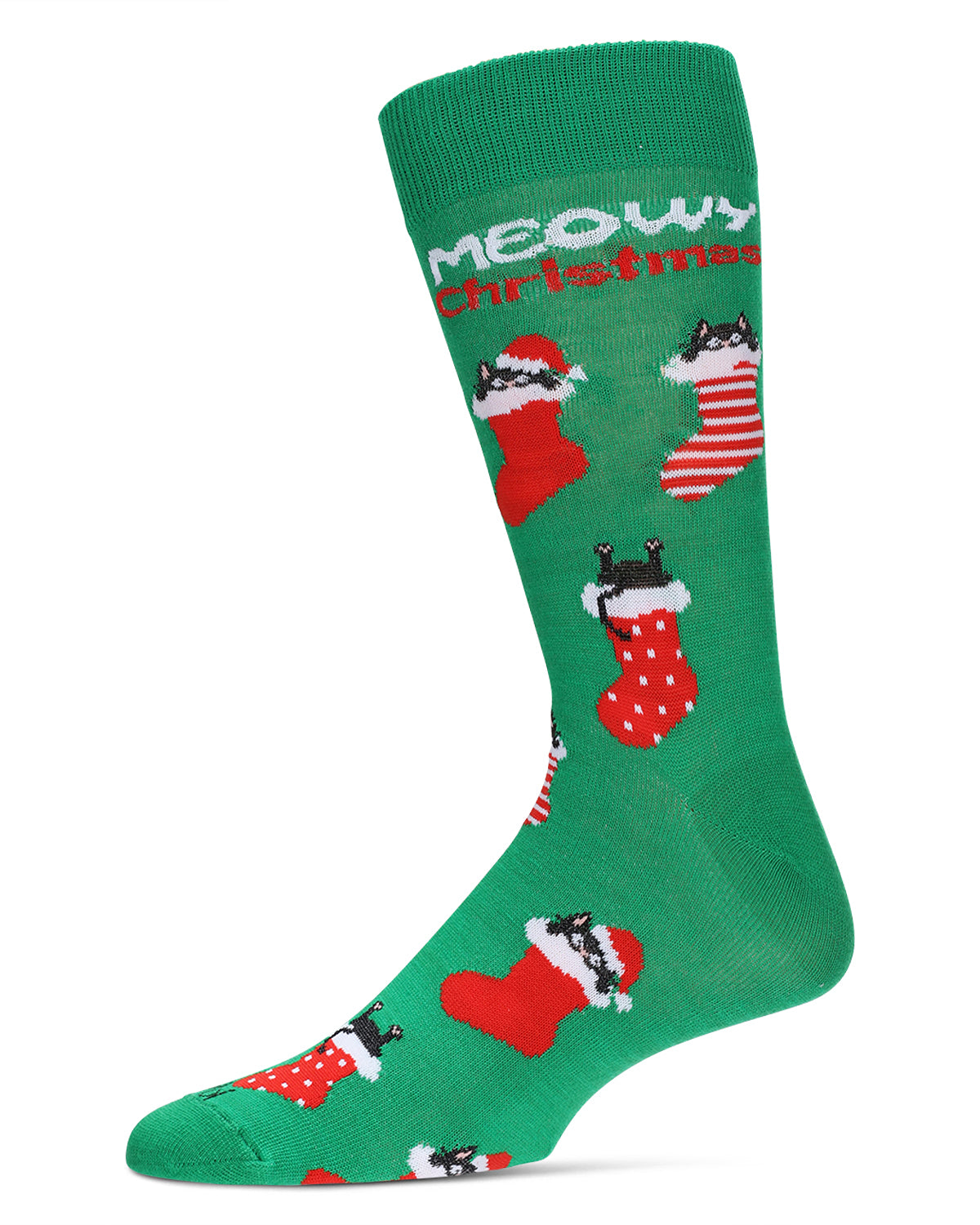 Men's Meowy Christmas Holiday Crew Socks : Color: Green