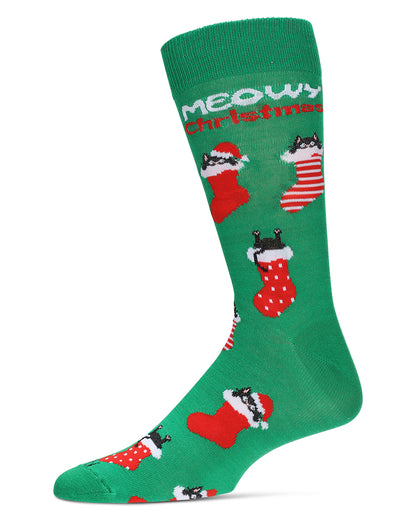 Men's Meowy Christmas Holiday Crew Socks : Color: Green