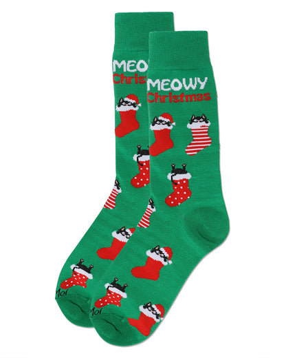 Men's Meowy Christmas Holiday Crew Socks : Color: Green